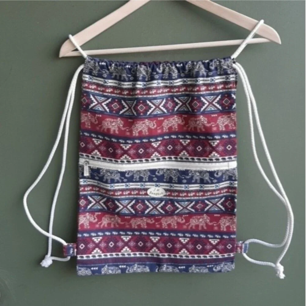 J.M. Bangkok Canvas Backpack Drawstring Gym Bag Ethnic Bohemian w/zip Pocket